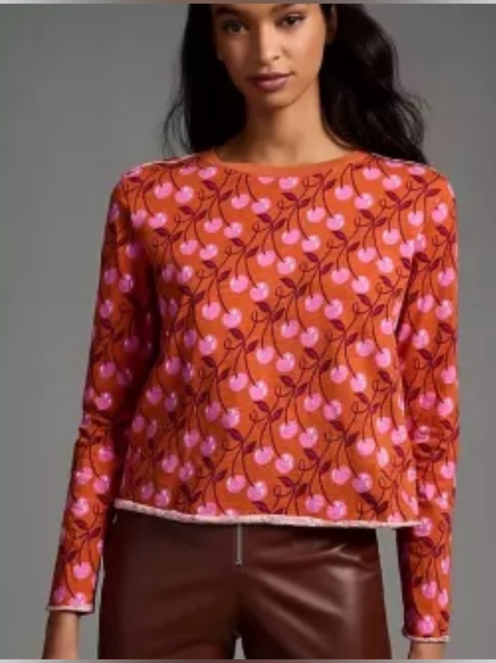 Maeve Small Cherry Print Oversized Relaxed Long Sleeve Top Tee